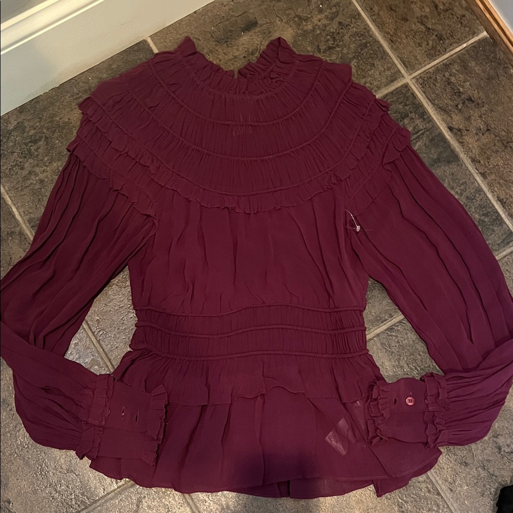 FARM Rio Burgundy Ruffled Blouse
